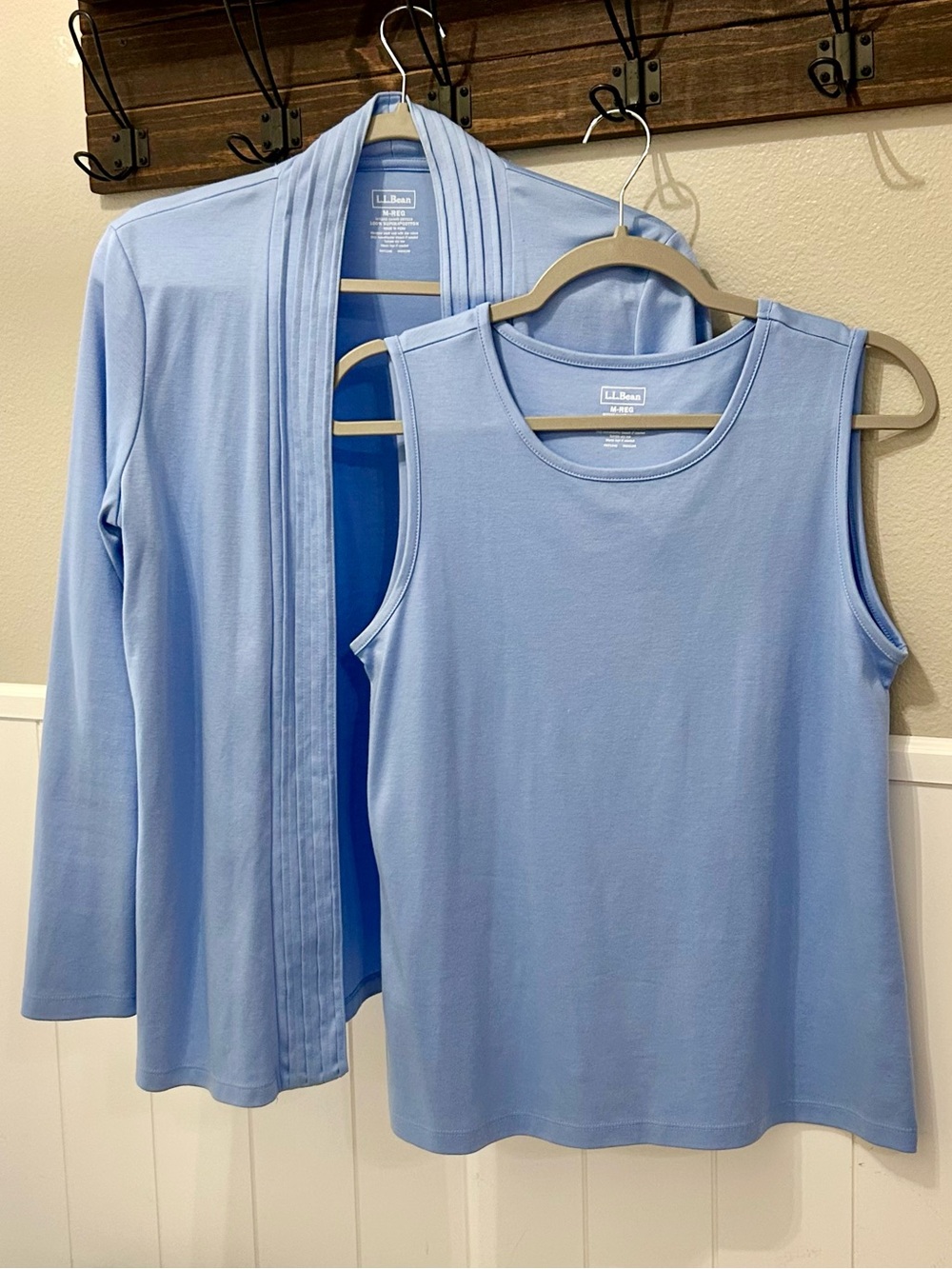 100% Supima Cotton LLBean Periwinkle Blue Cardigan Tank Travel Office Casual Set
